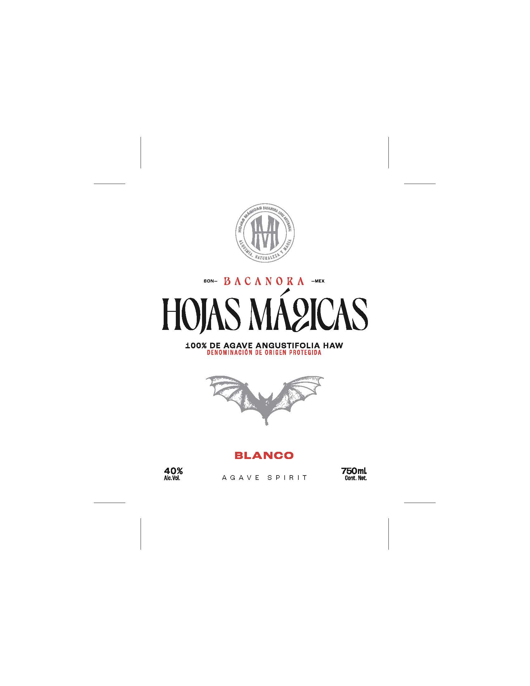 TABC label artwork for Hojas Magicas Bacanora 100% De Agave Angustifolia Haw Blanco Spirit