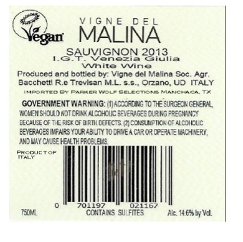 TABC label artwork for VIGNE DEL MALINA Sauvignon