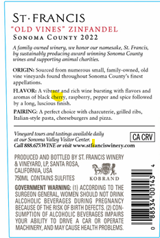 TABC label artwork for St. Francis Zinfandel, Old Vines, Sonoma