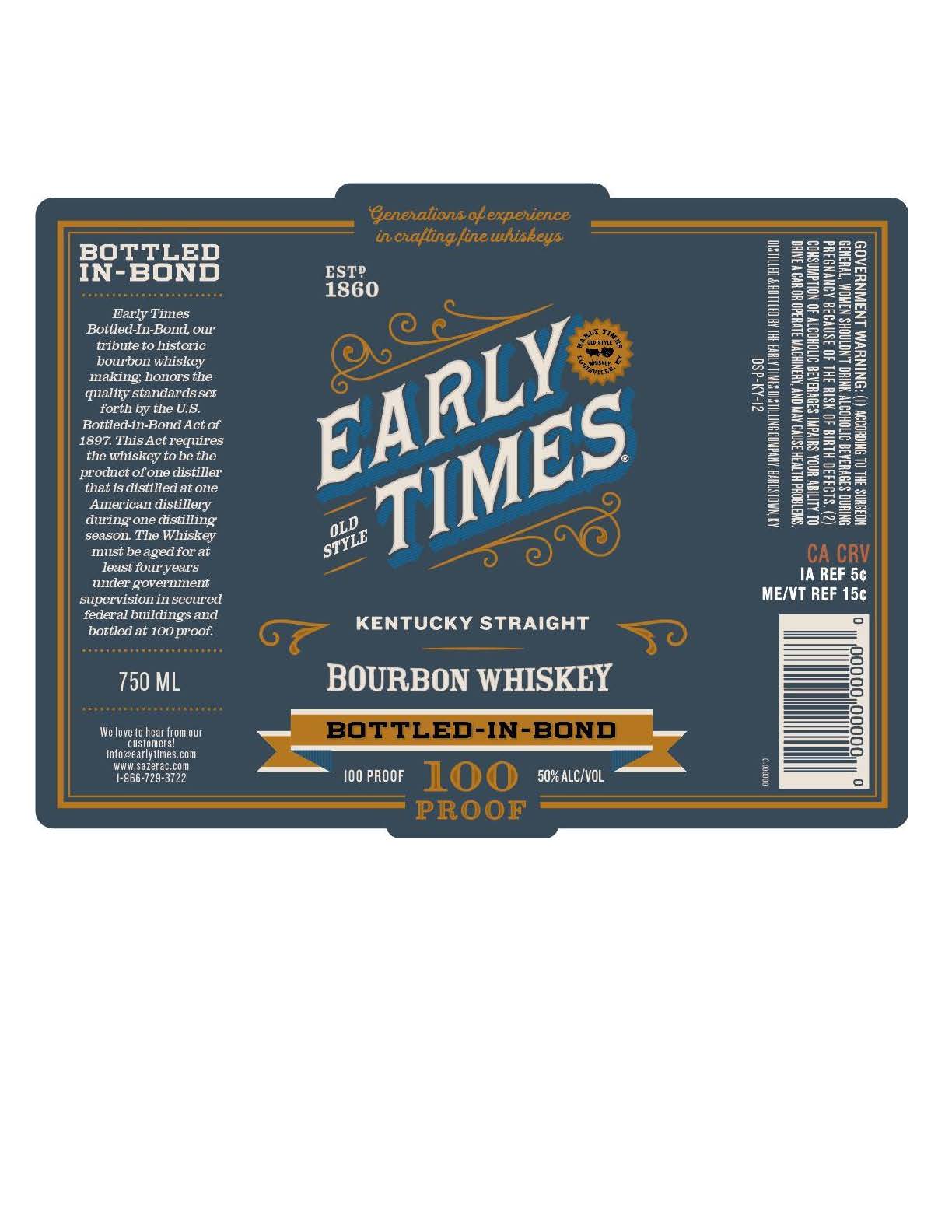 TABC label artwork for Early Times Bottled-In-Bond 100 Proof