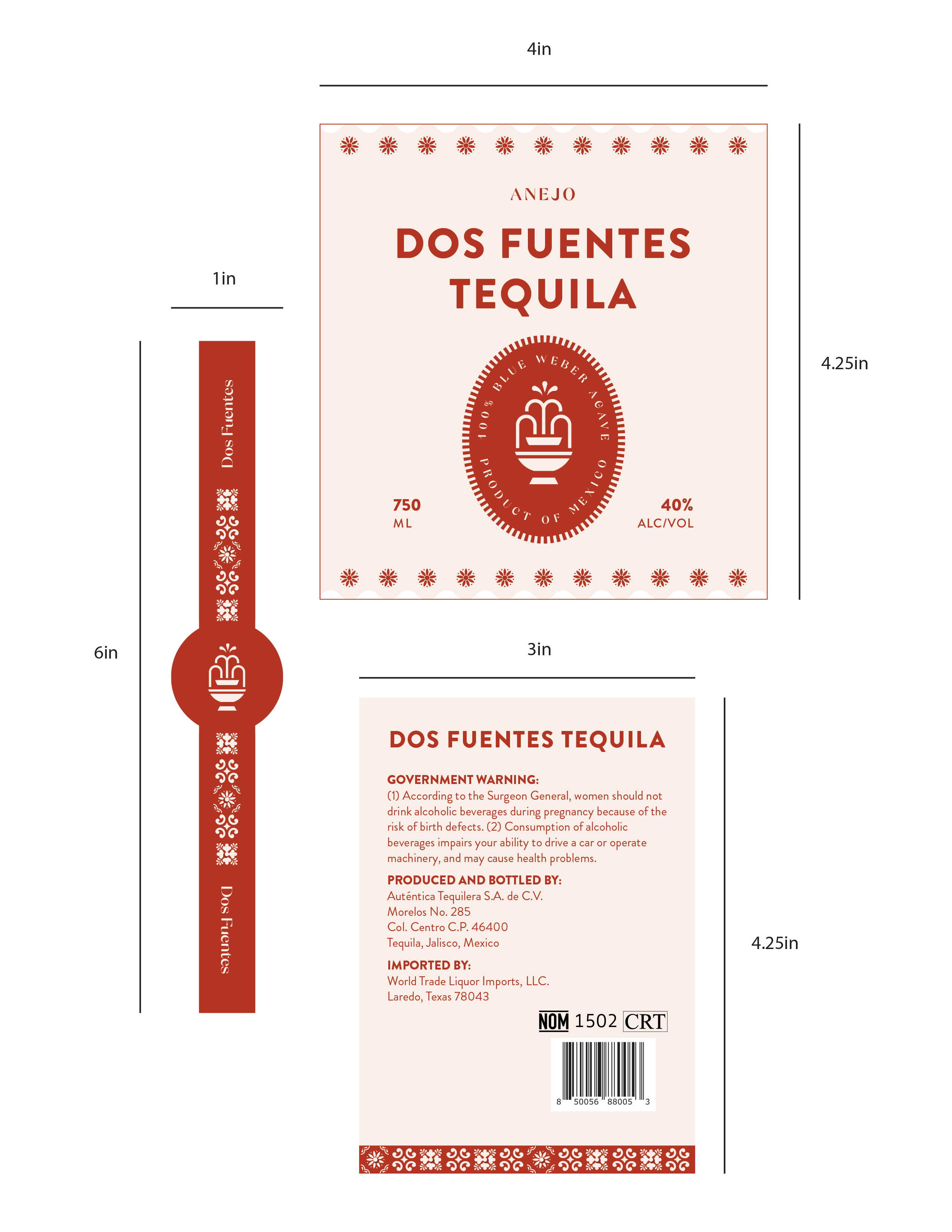 TABC label artwork for DOS FUENTES AÑEJO
