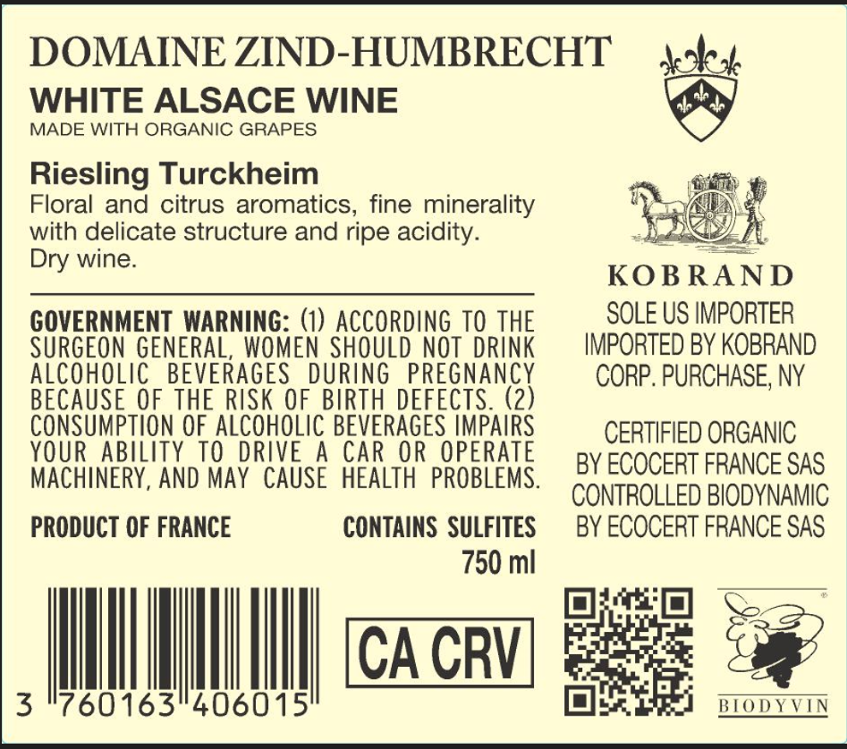 TABC label artwork for Domaine Zind-Humbrecht Riesling Turkeheim