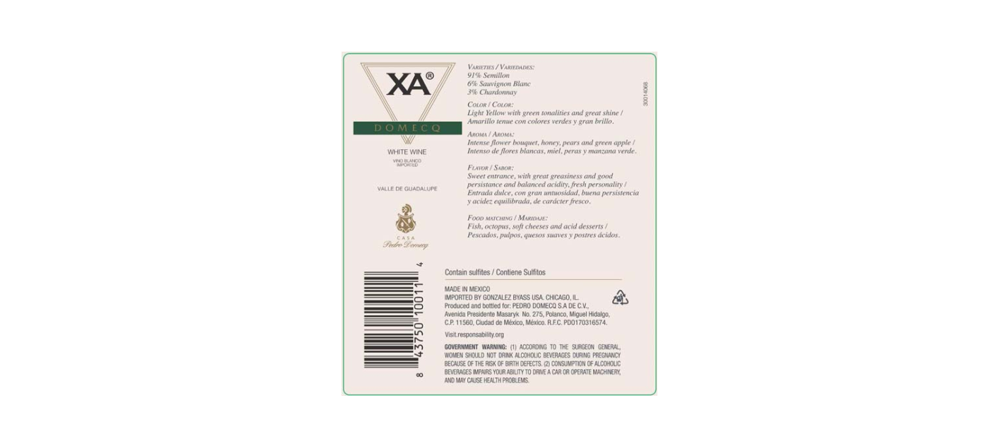 TABC label artwork for Domecq XA White Wine Valle De Guadalupe