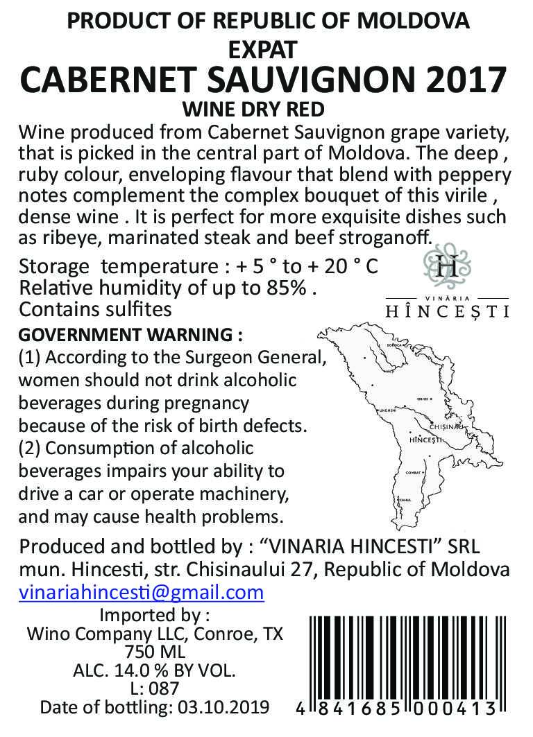 TABC label artwork for EXPAT REZERVA CABERNET SAUVIGNON
