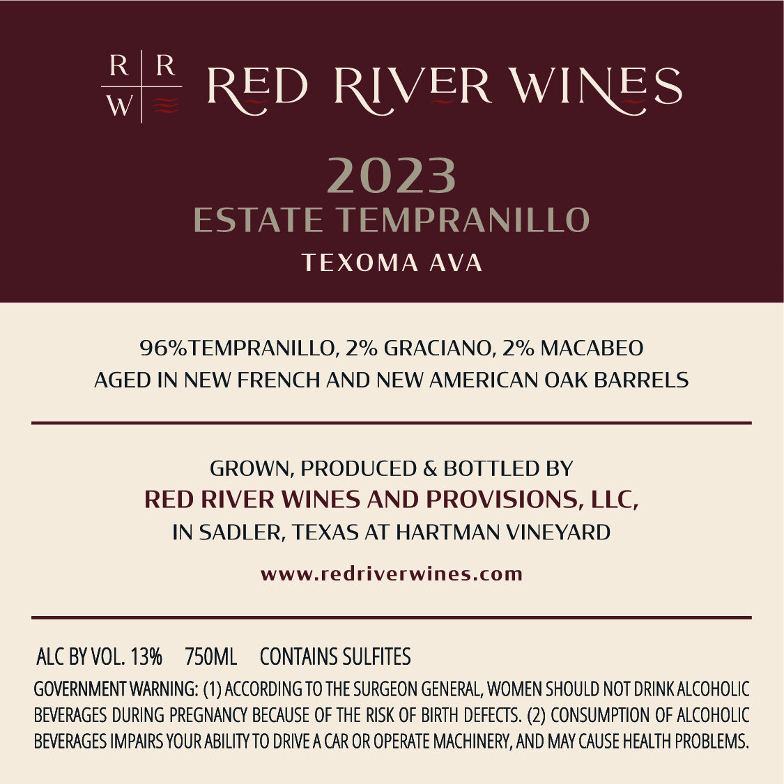 TABC label artwork for RED RIVER WINES 2023 ESTATE TEMPRANILLO