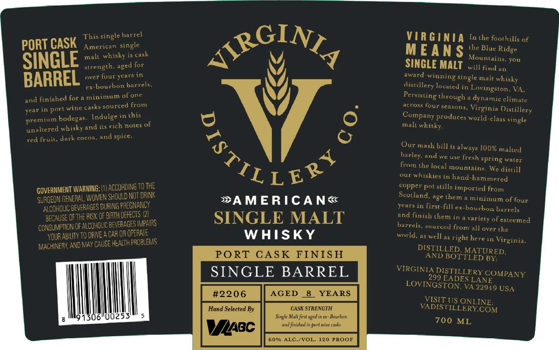 TABC label artwork for Virginia Distillery Co. American Single Malt Whiskey Single Barrel