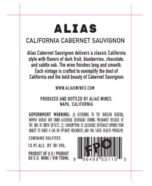 TABC label artwork for Alias Cabernet Sauvignon, California
