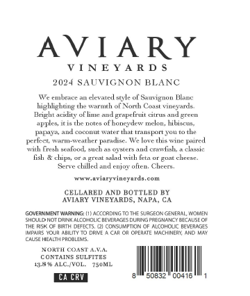 TABC label artwork for AVIARY NORTH COAST SAUVIGNON BLANC