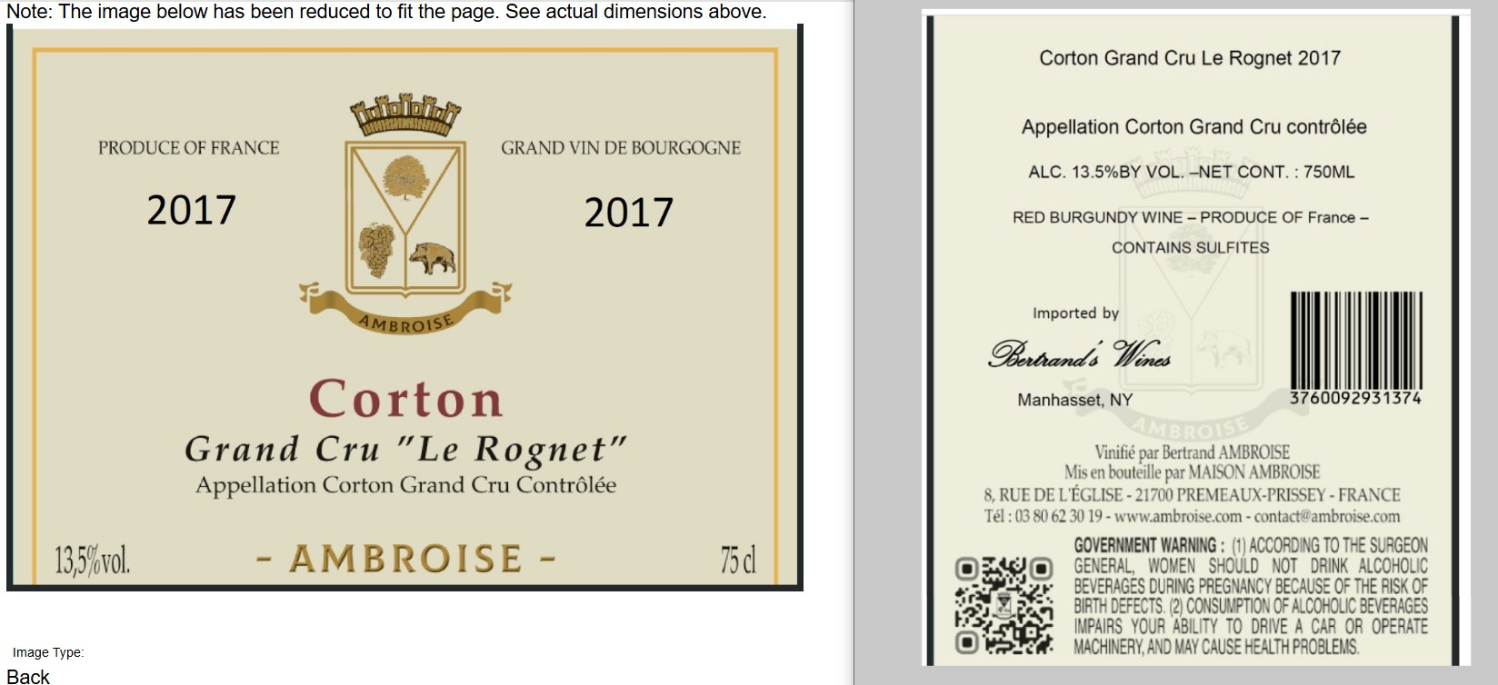 TABC label artwork for AMBROISE Corton Grand Cru Le Rognet
