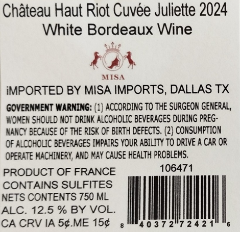 TABC label artwork for CHATEAU HAUT-RIOT CUVEE JULIETTE