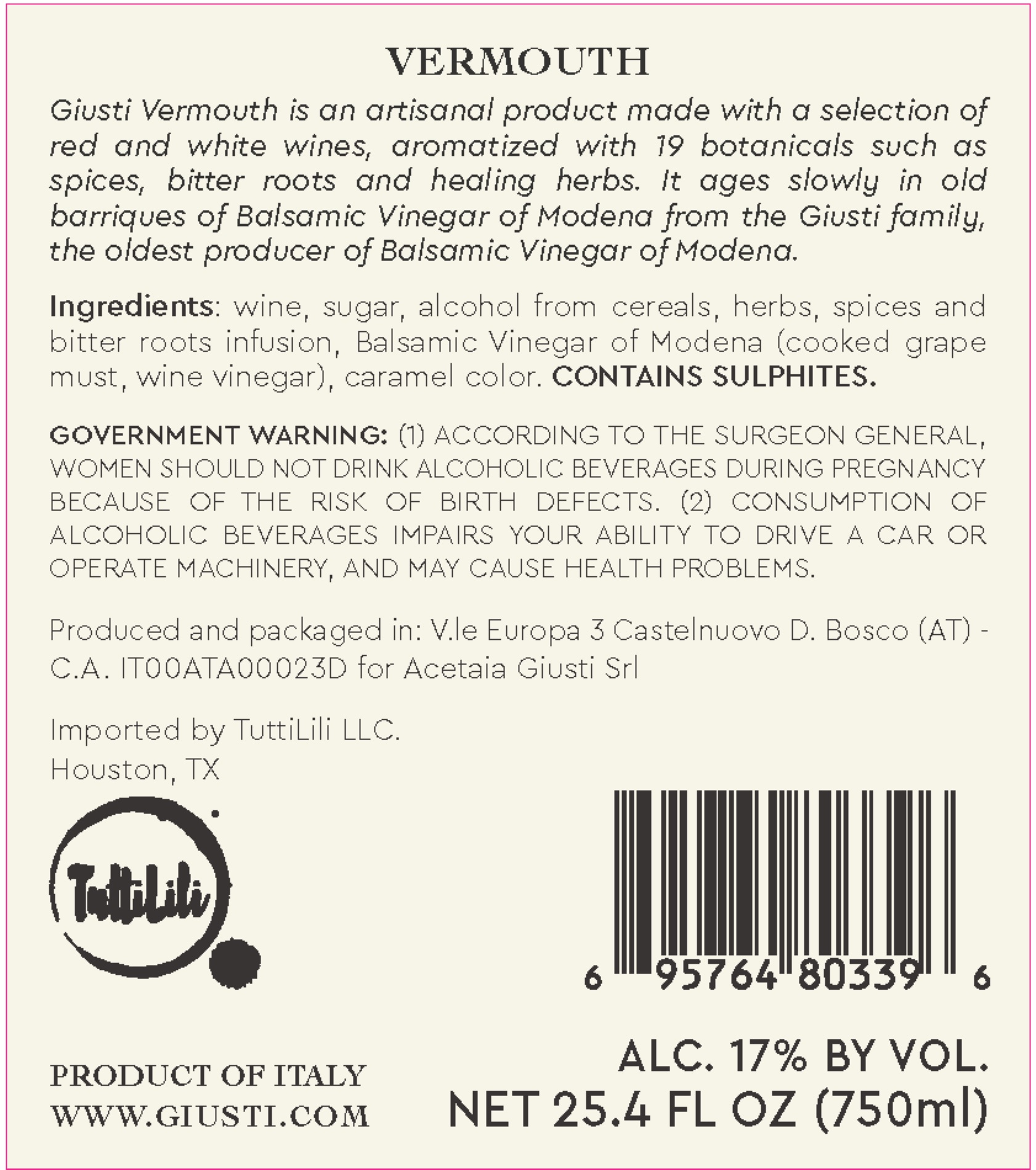 TABC label artwork for Giuseppe Giusti Vermouth