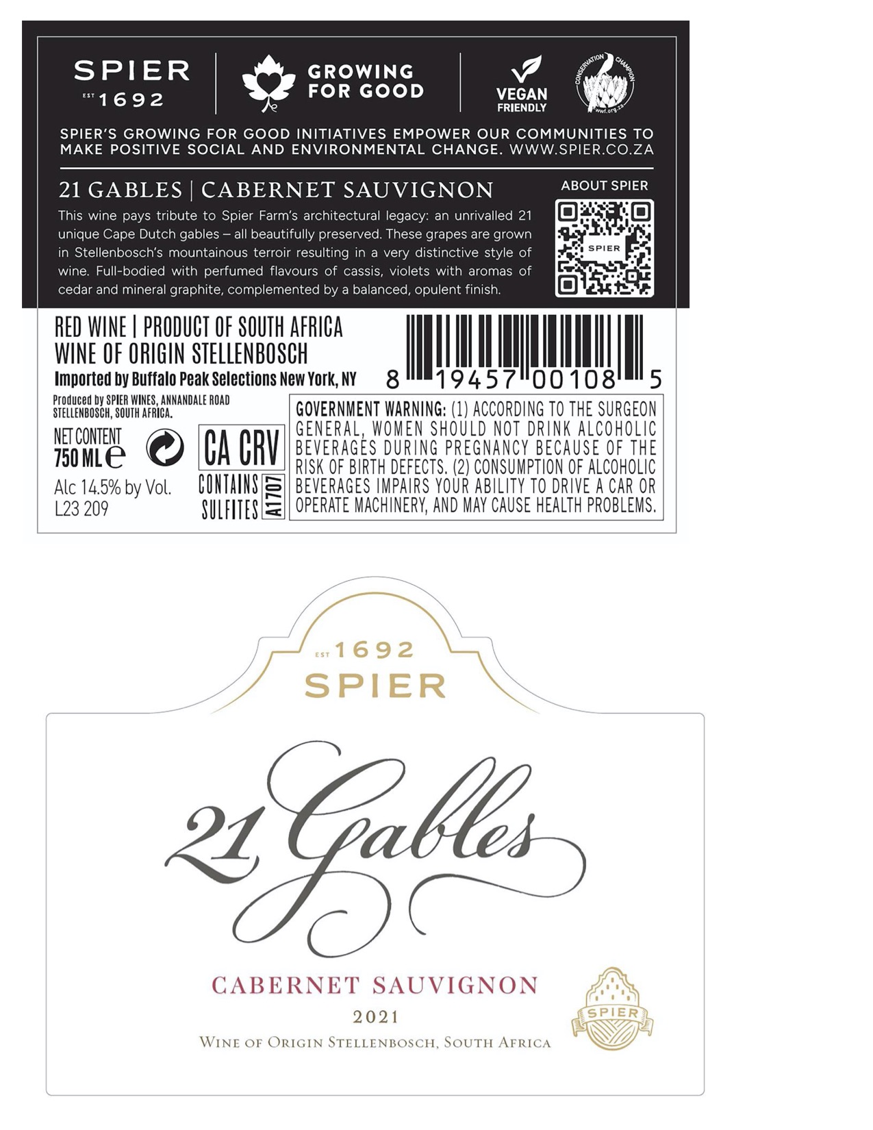 TABC label artwork for Spier 21 Gables Cabernet Sauvignon