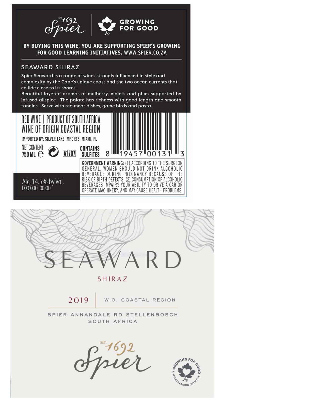 TABC label artwork for Spier Seaward Shiraz