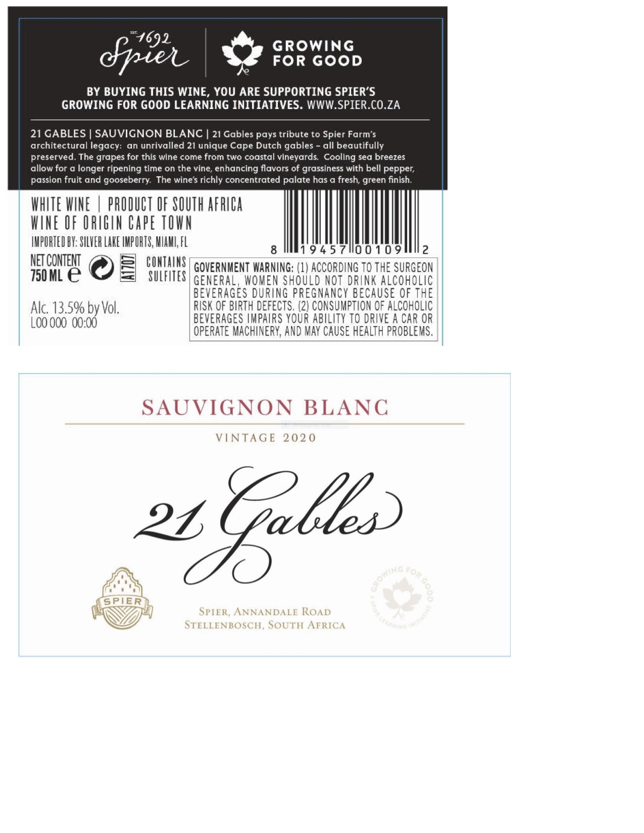 TABC label artwork for Spier 21 Gables Sauvignon Blanc