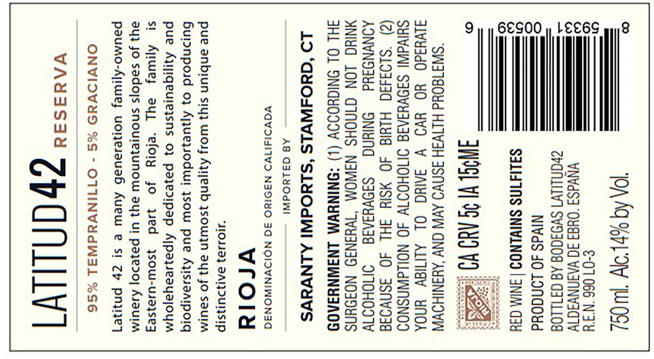 TABC label artwork for Latitud 42 Reserva Tempranillo