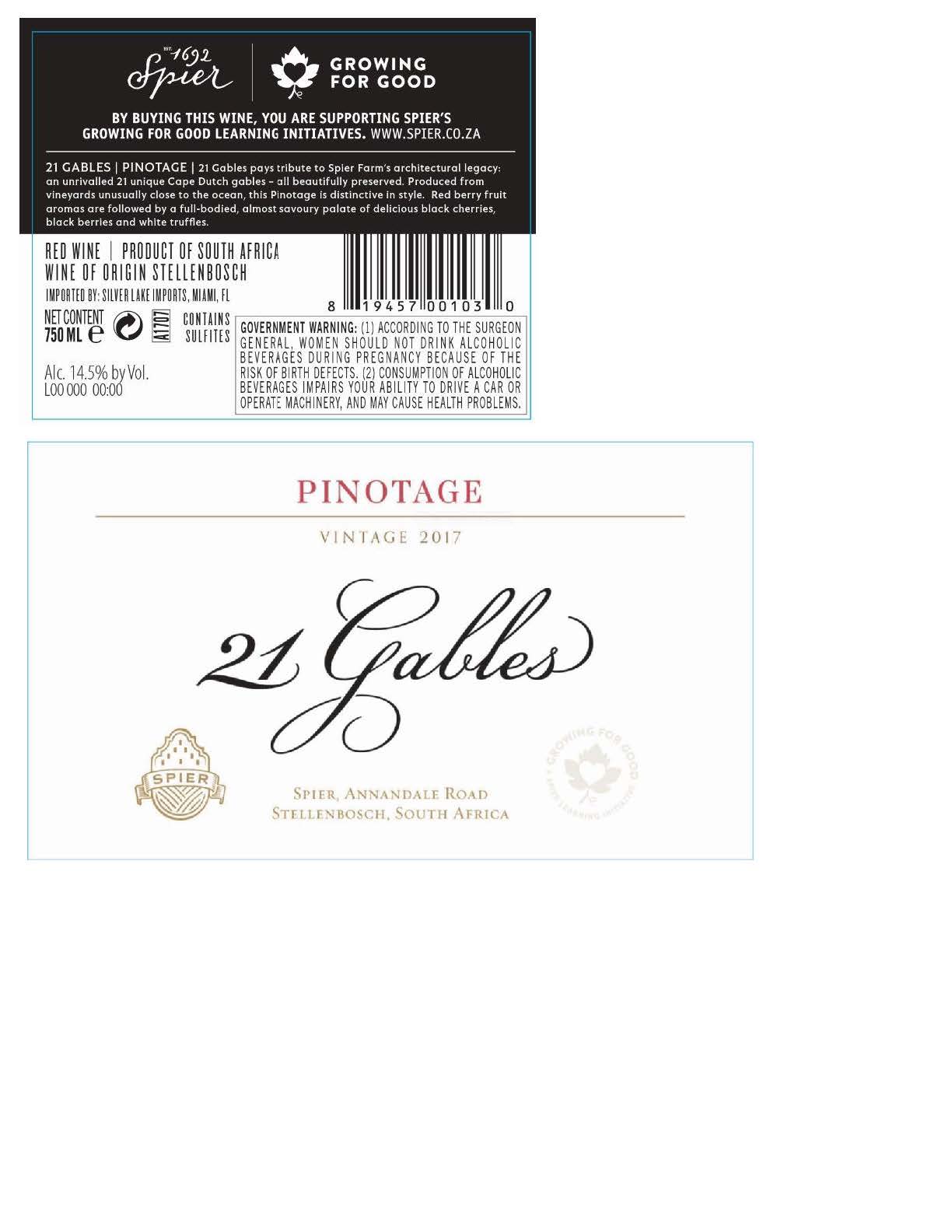 TABC label artwork for Spier 21 Gables Pinotage