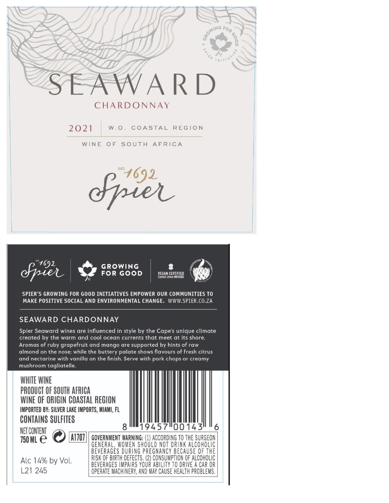 TABC label artwork for Spier Seaward Chardonnay