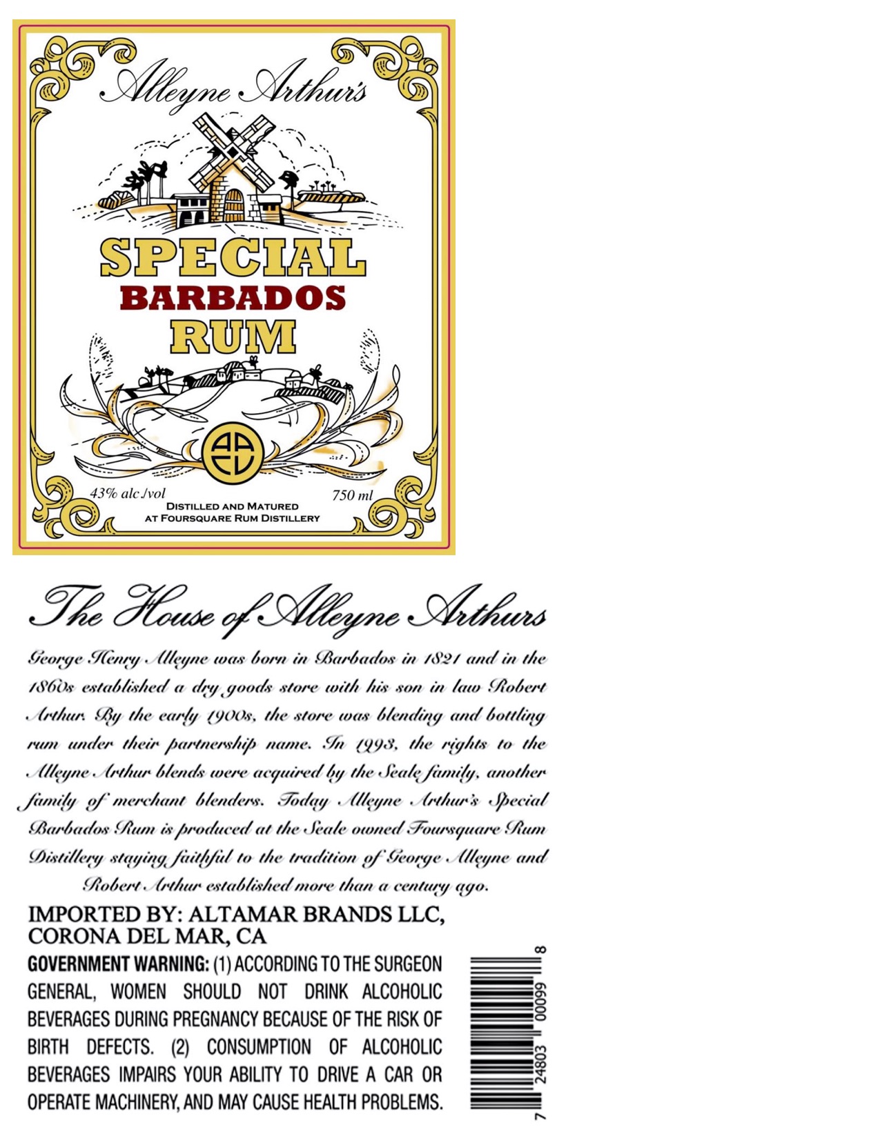TABC label artwork for Alleyne Arthur's Special Rum