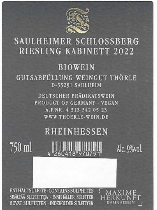 TABC label artwork for Thorle Schlossberg Riesling Kabinett 2022