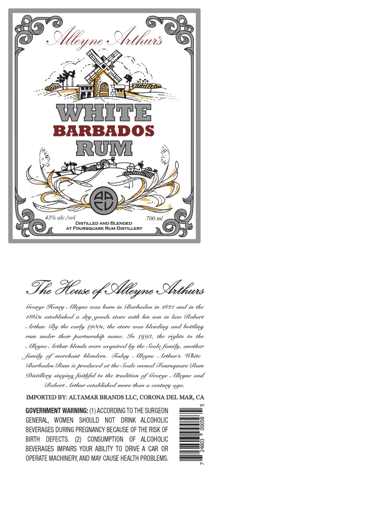 TABC label artwork for Alleyne Arthur's White Rum