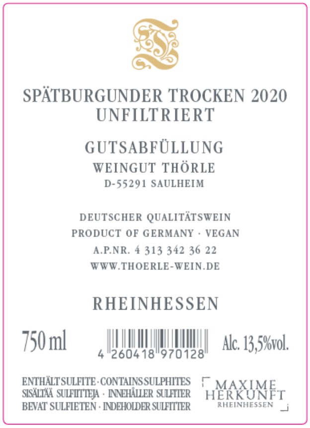 TABC label artwork for Thorle Spatburgunder Trocken 2020