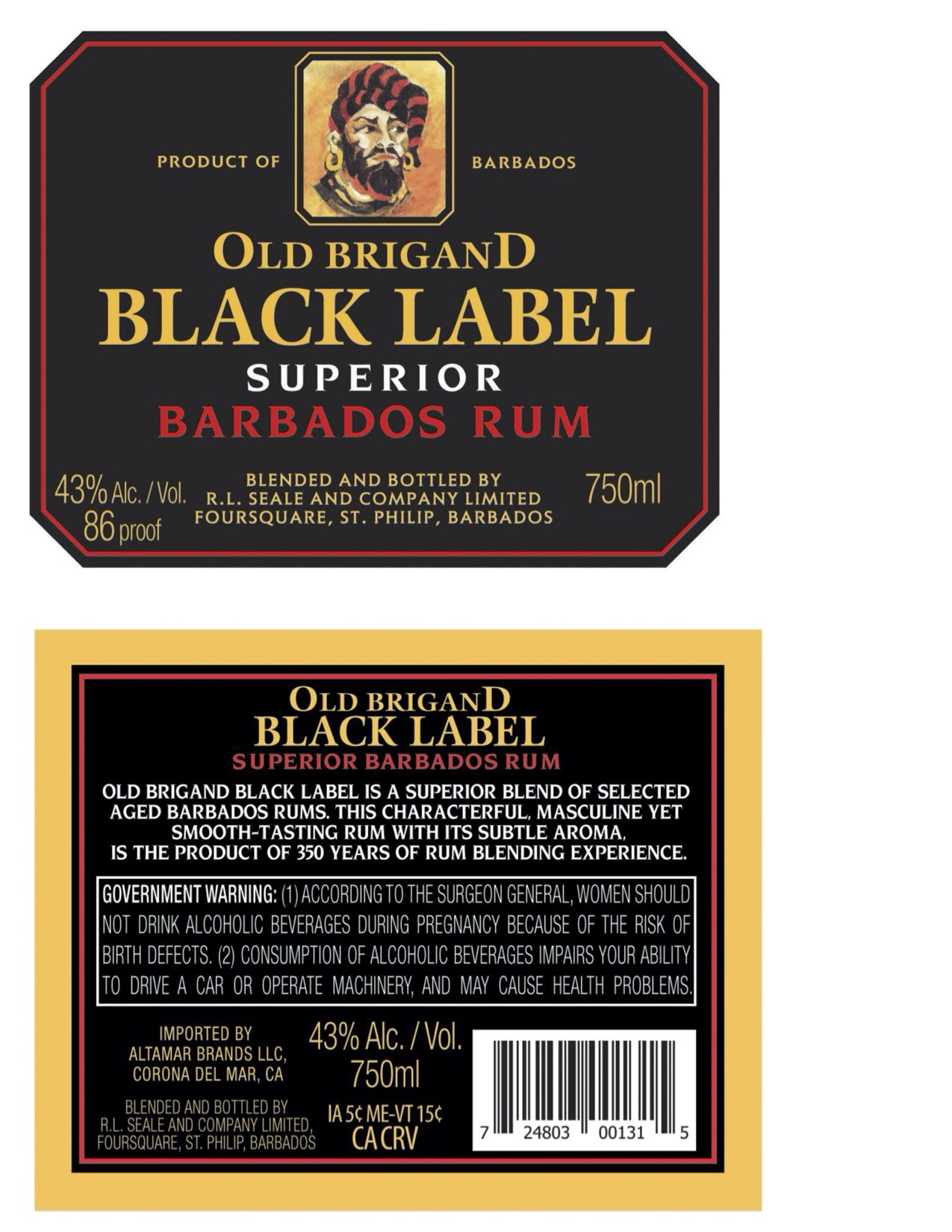 TABC label artwork for Old Brigand Black Label Rum