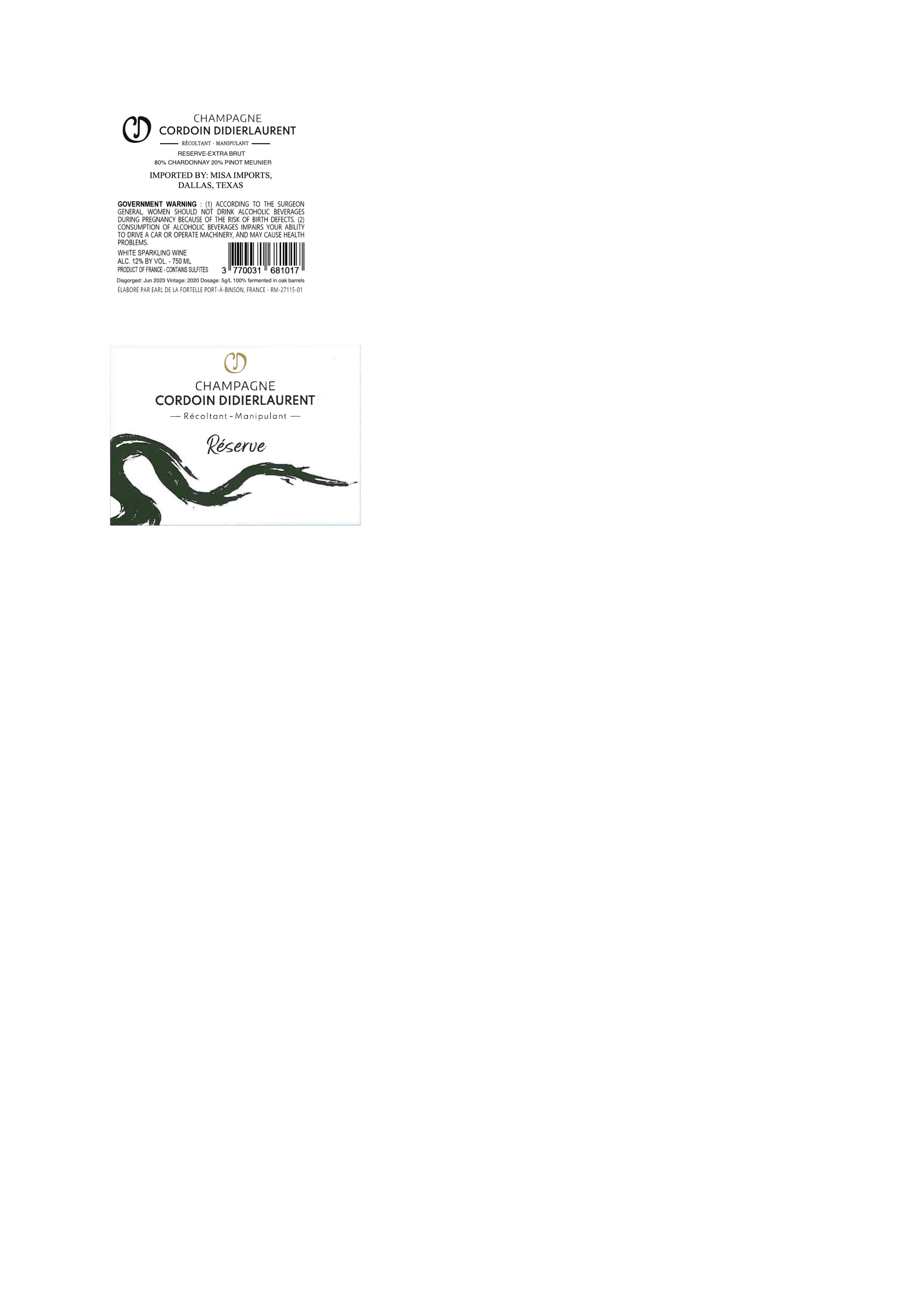 TABC label artwork for Champagne Brut Reserve Cordoin Didierlaurent