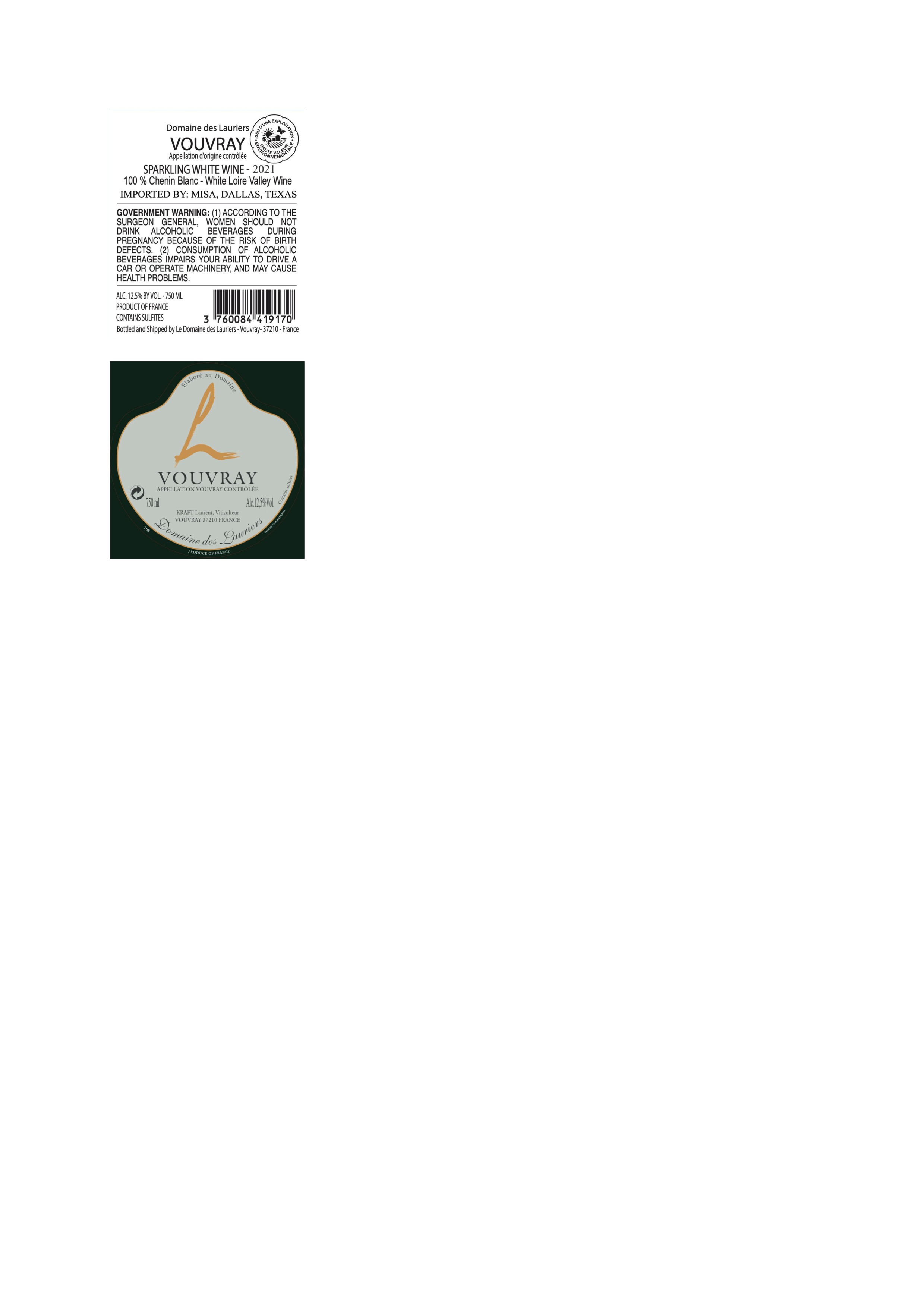 TABC label artwork for Domaine des Lauriers Vouvray Sparkling white