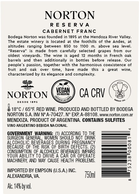 TABC label artwork for NORTON RESEVA CABERNET FRANC