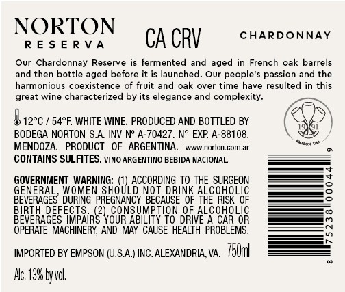 TABC label artwork for NORTON RESERVA CHARDONNAY