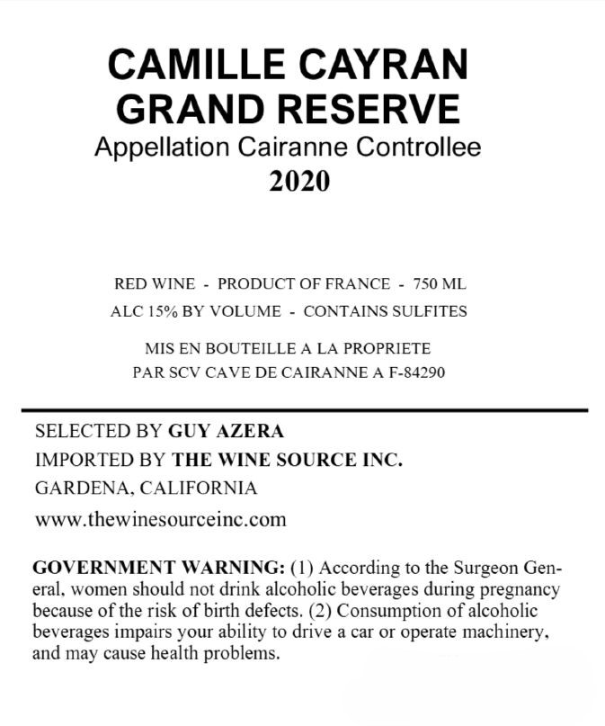 TABC label artwork for CAMILLE CAYRAN GRAND RESERVE CAIRANNE