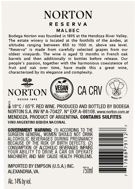 TABC label artwork for NORTON RESERVA MALBEC