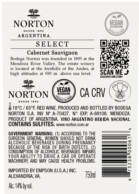 TABC label artwork for NORTON SELECT CABERNET SAUVIGNON