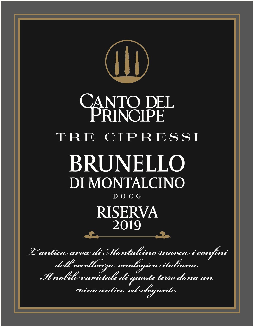 TABC label artwork for CANTO DEL PRINCIPE BRUNELLO DI MONTALCINO DOCG RISERVA 2019