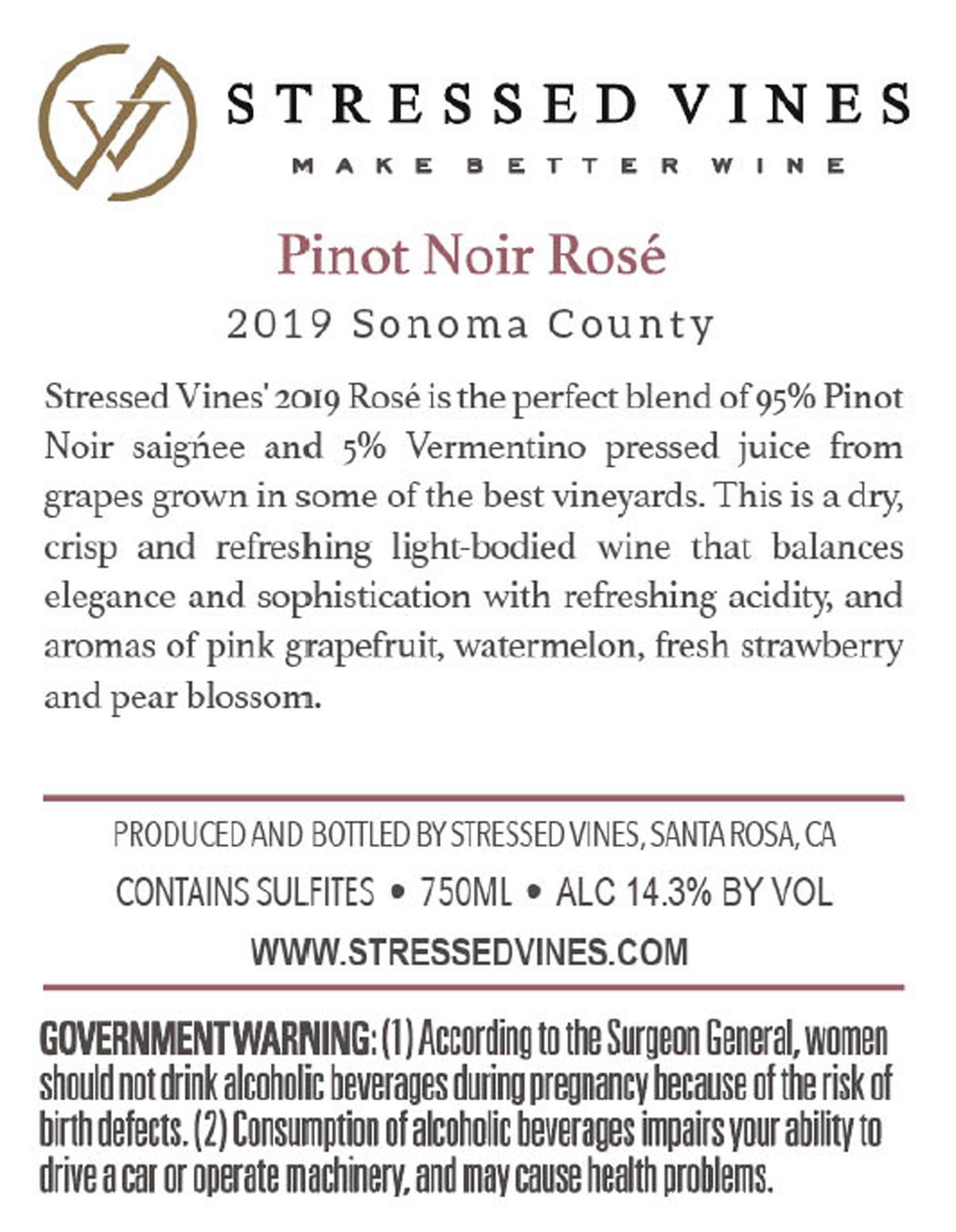 TABC label artwork for STRESSED VINES PINOT NOIR ROSE