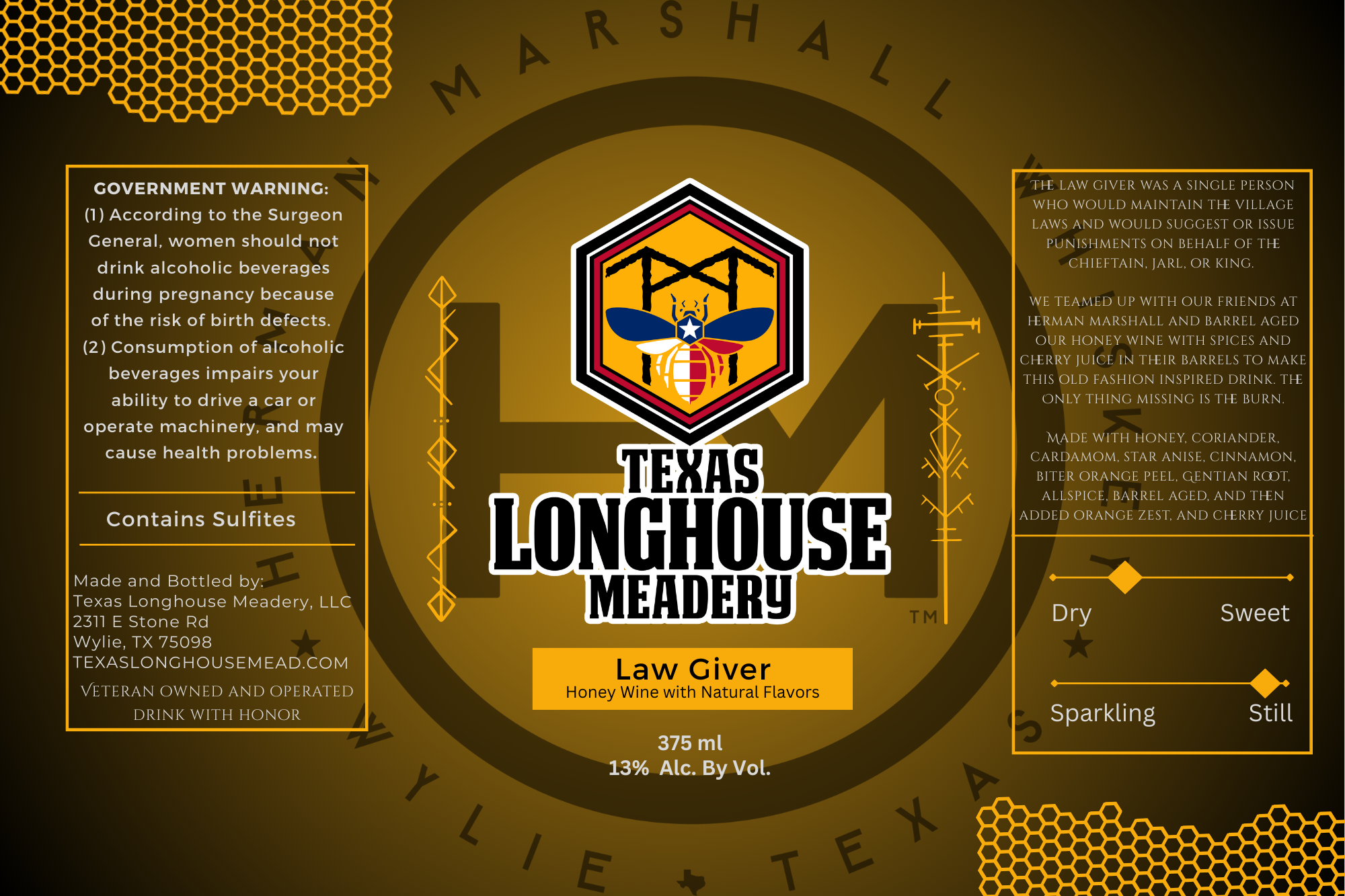 TABC label artwork for Texas Longhouse Meadery Law Giver