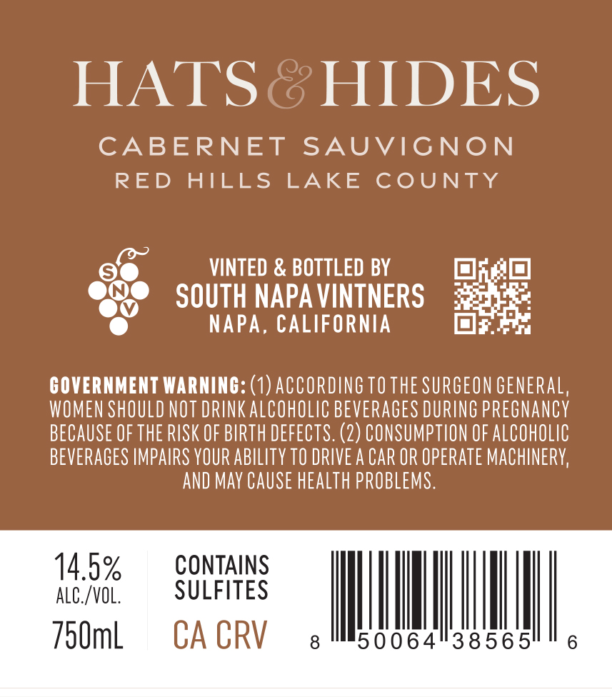 TABC label artwork for Hats & Hides Cabernet Sauvignon, Red Hills Lake County