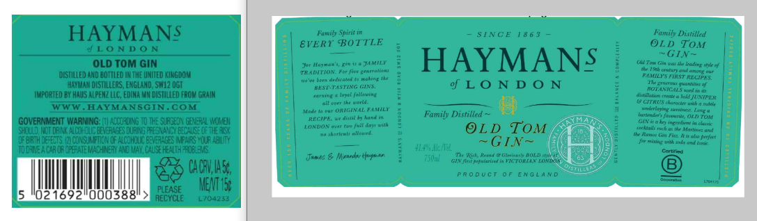TABC label artwork for Hayman's Old Tom Gin