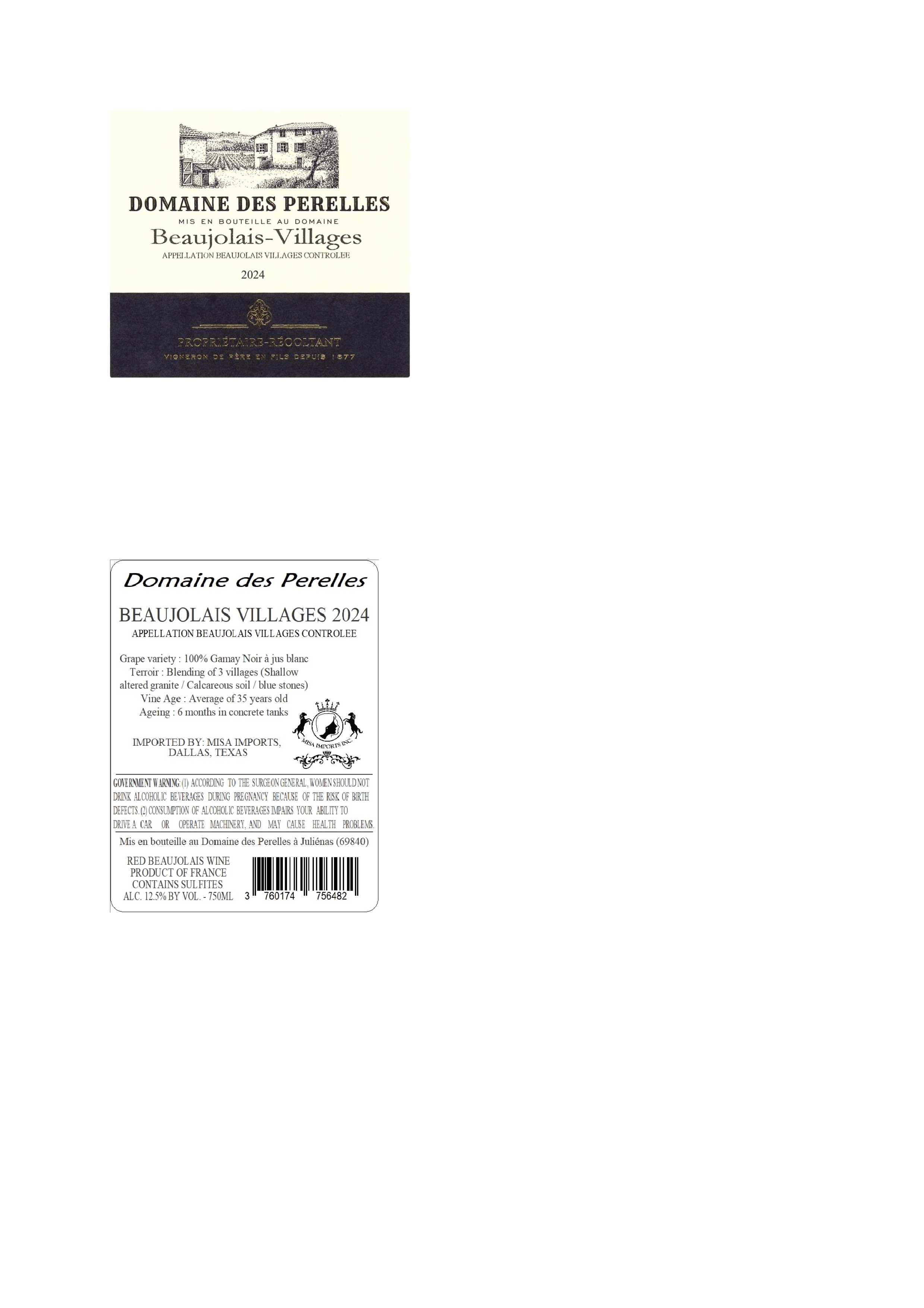 TABC label artwork for Domaine des Perelles Beaujolais Villages