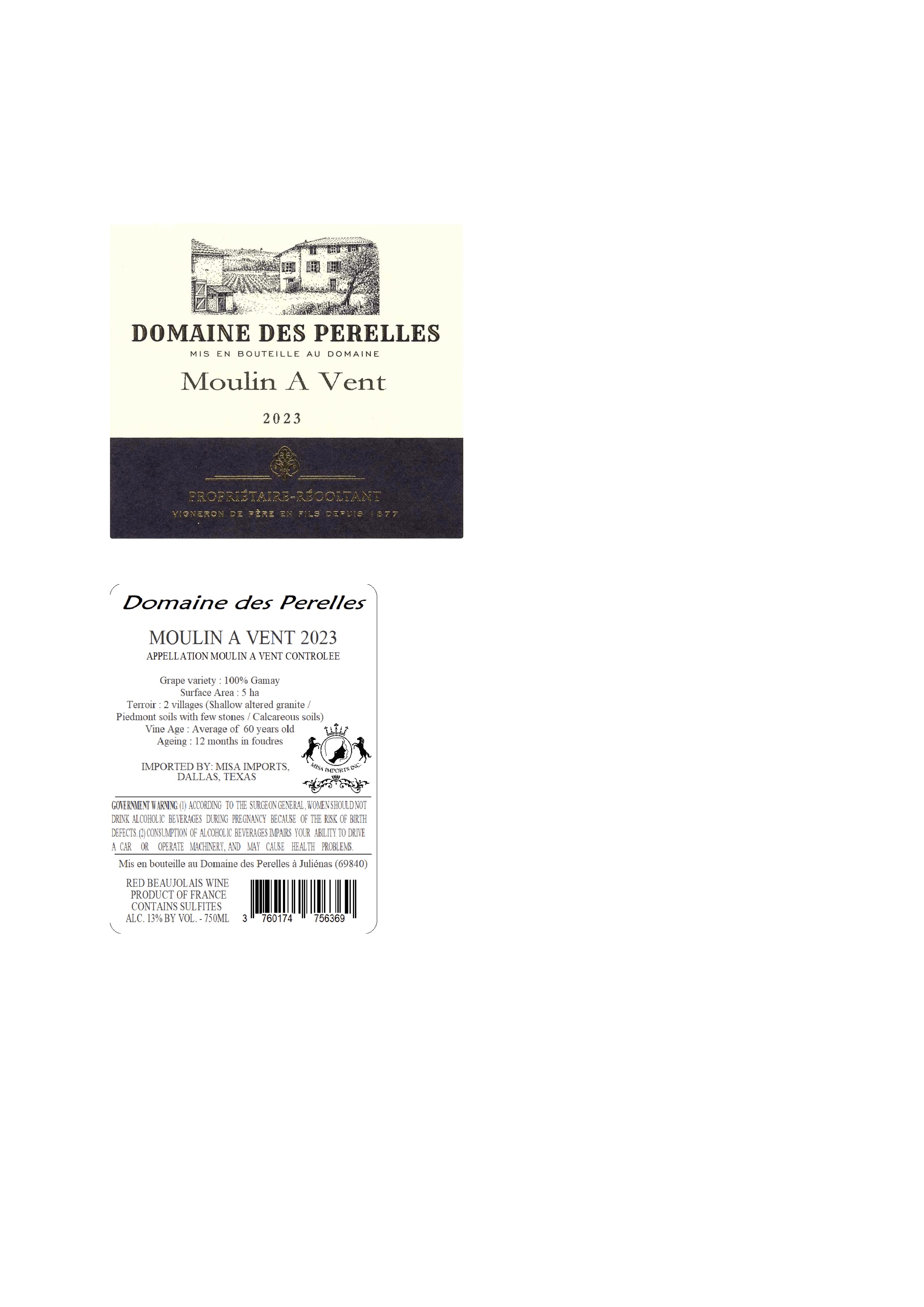 TABC label artwork for Domaine des Perelles Moulin à Vent