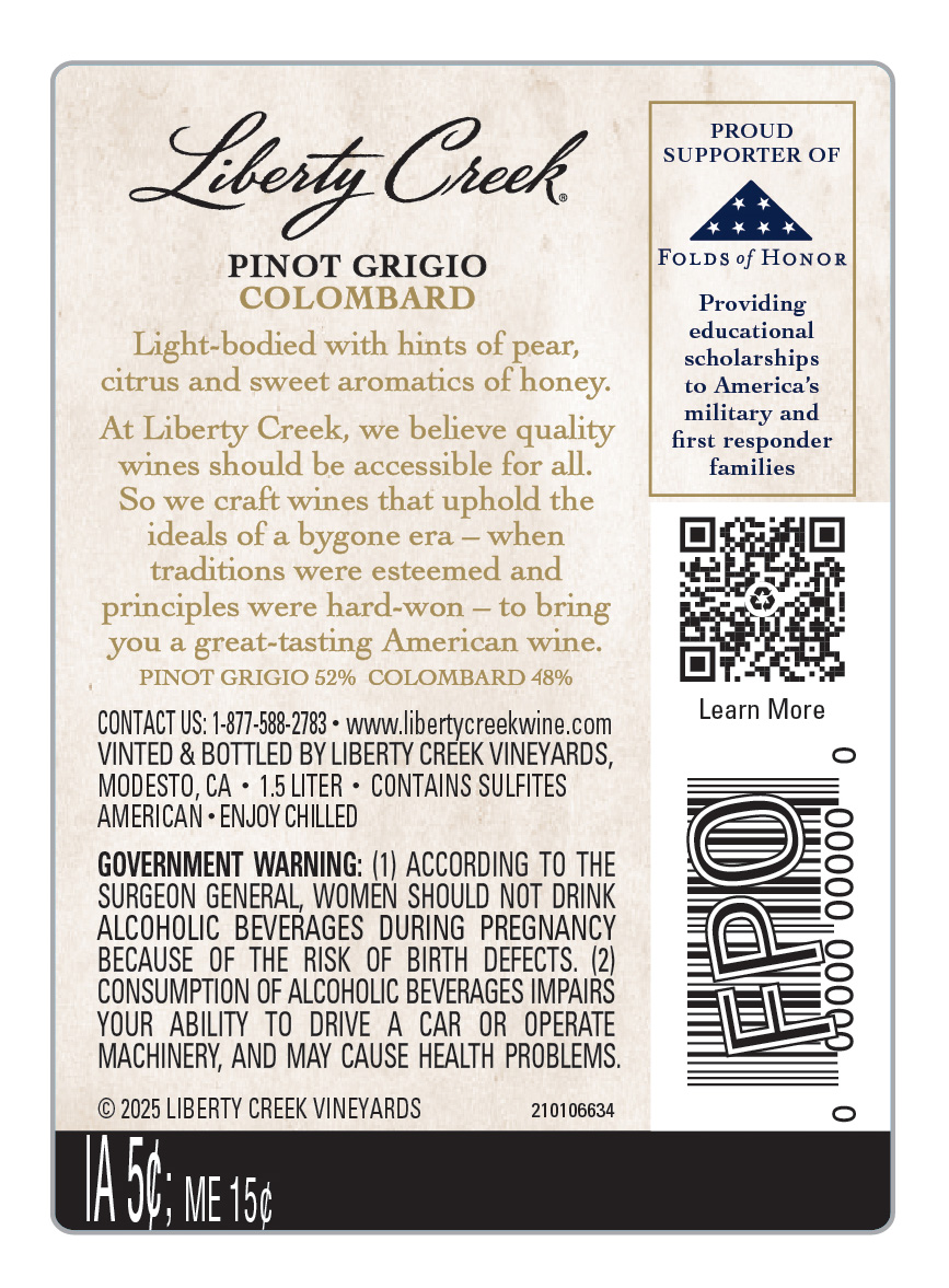 TABC label artwork for Liberty Creek Colombard, Pinot Grigio American
