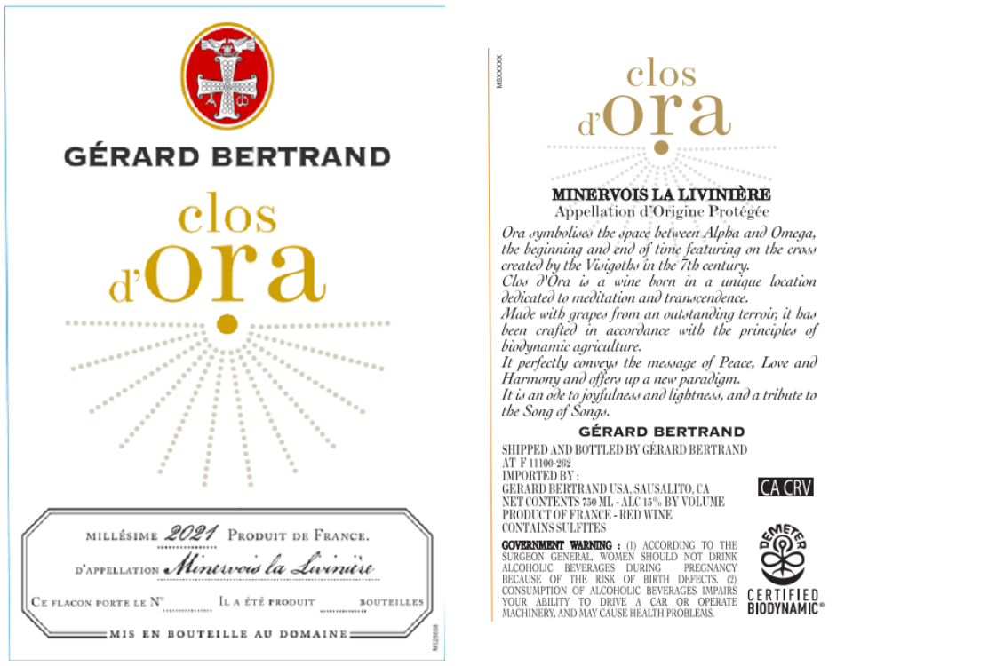 TABC label artwork for Gerard Bertrand Clos d'Ora Minervois La Liviniere Red