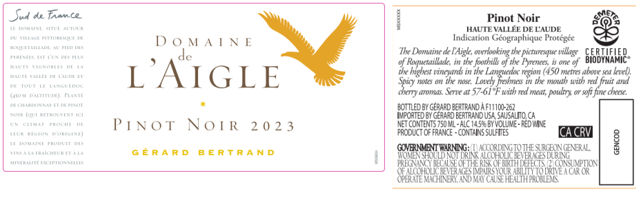 TABC label artwork for Gerard Bertrand Domaine de l'Aigle Haute Vallee de L'Aude Pinot Noir