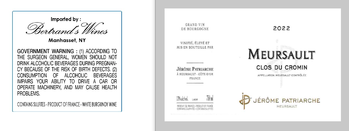 TABC label artwork for Jerome Patriarche Meursault Clos du Cromin