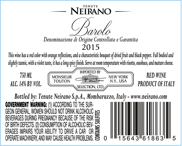 TABC label artwork for TENUTE NEIRANO BAROLO