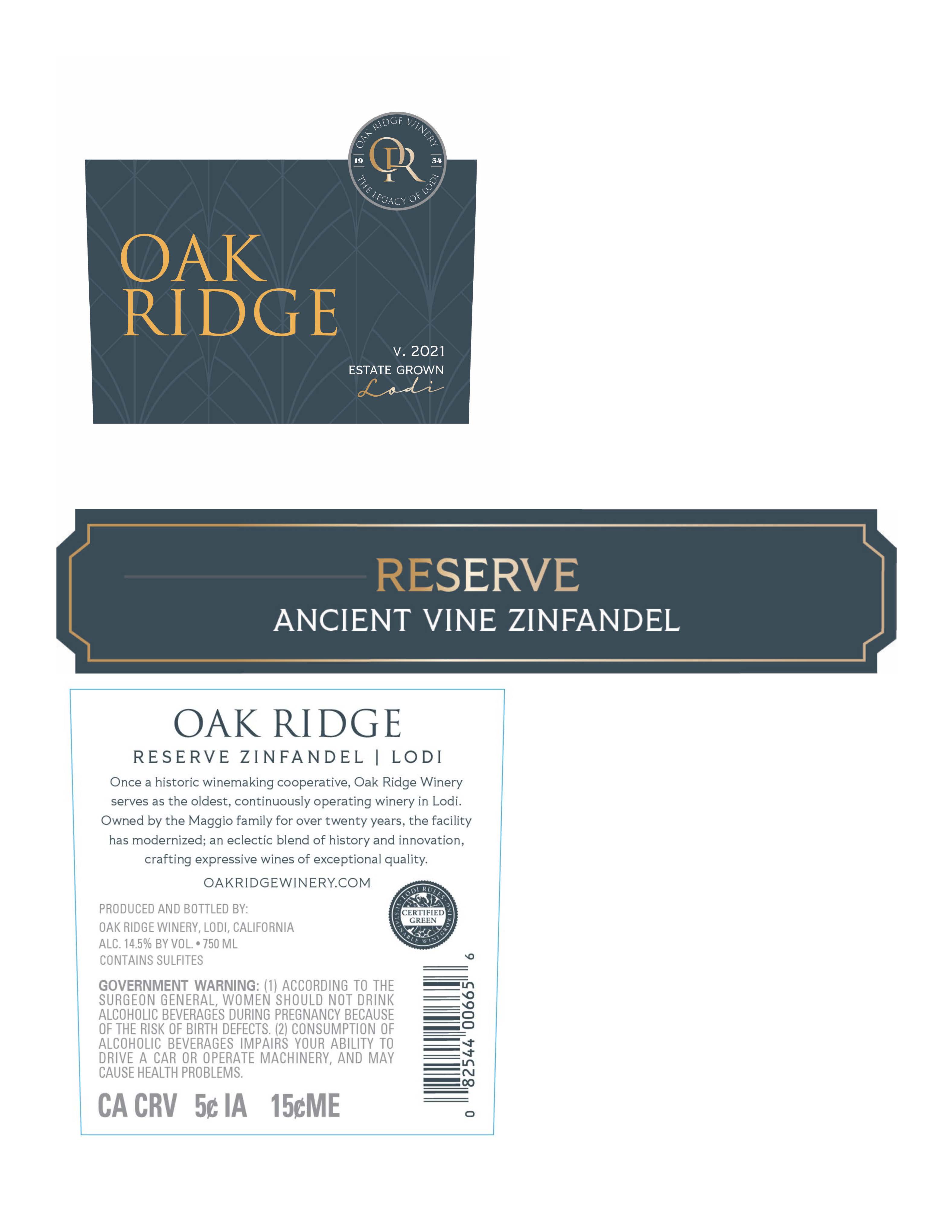 TABC label artwork for Oak Ridge Zinfandel AV Reserve Estate Grown Lodi