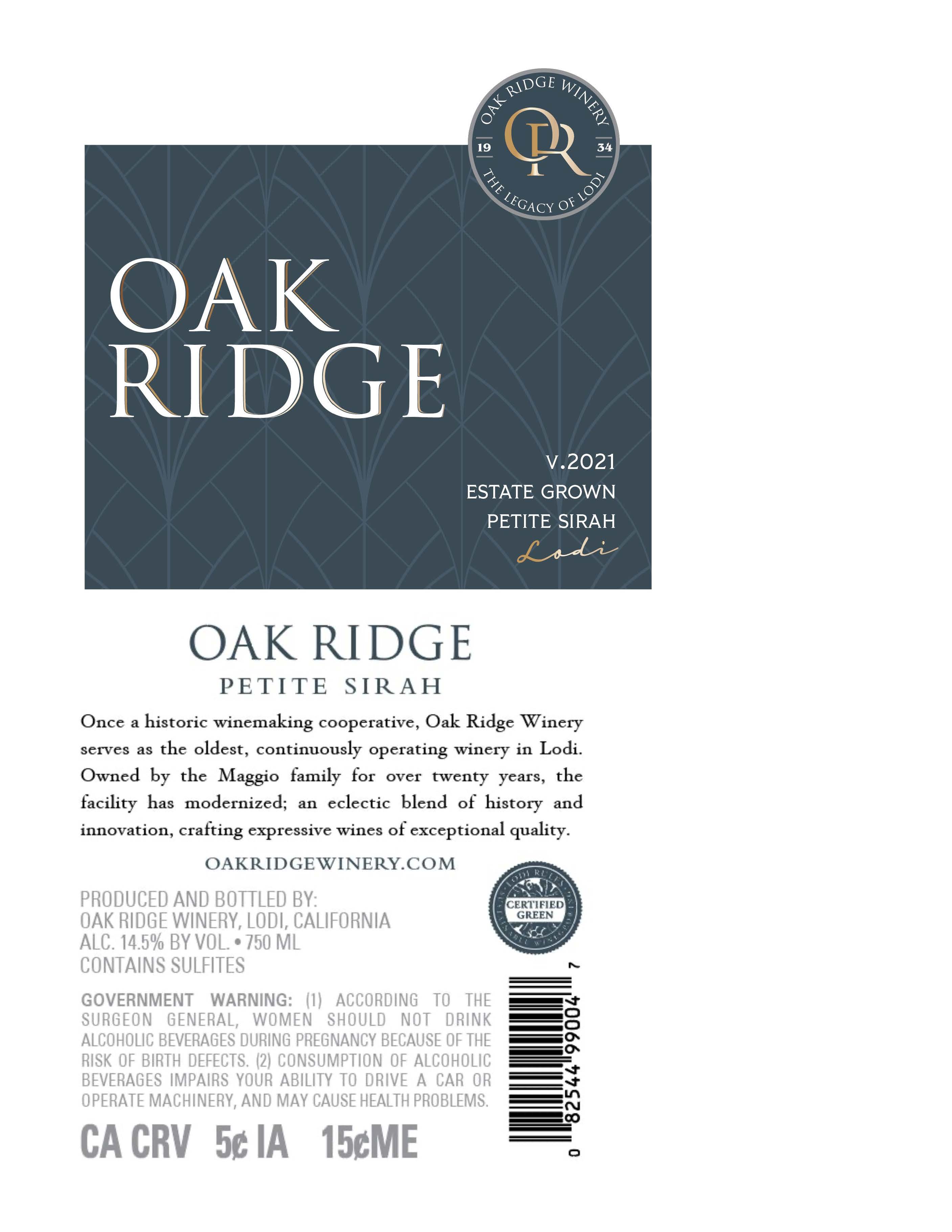 TABC label artwork for Oak Ridge Petite Sirah Estate Grown