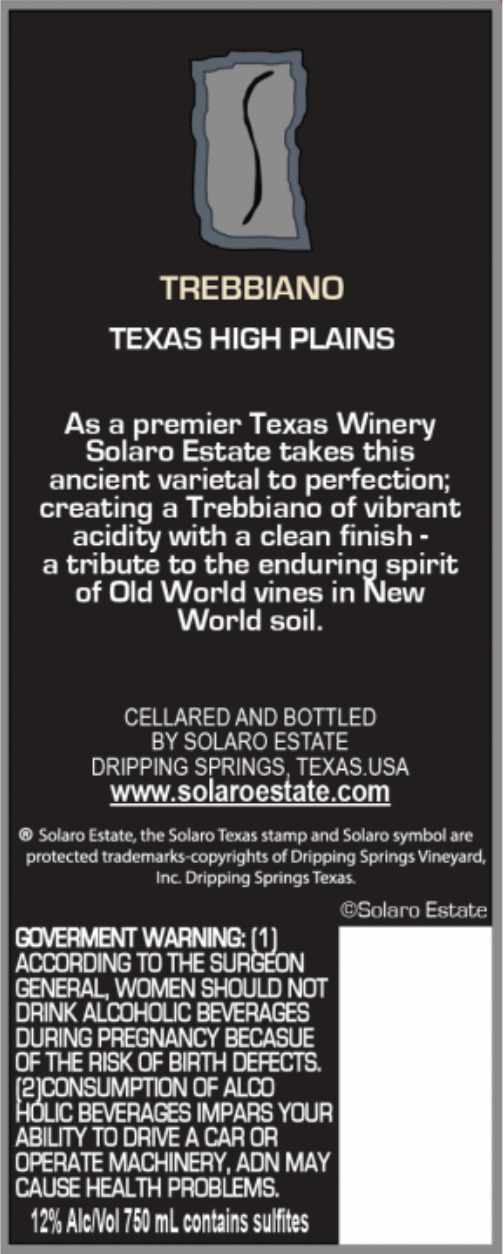 TABC label artwork for Solaro Estate Trebbiano