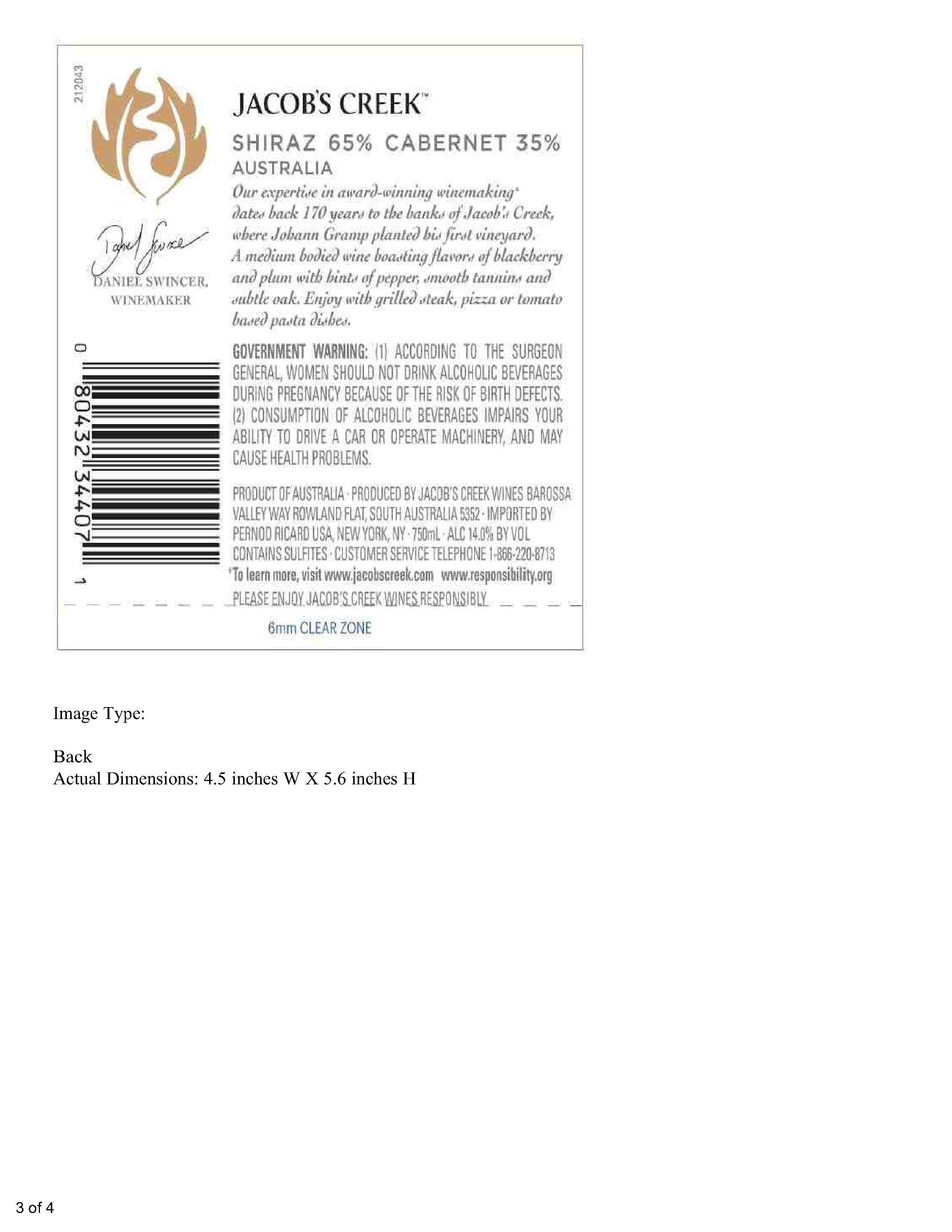 TABC label artwork for Jacob's Creek Classic Shiraz Cabernet Australia