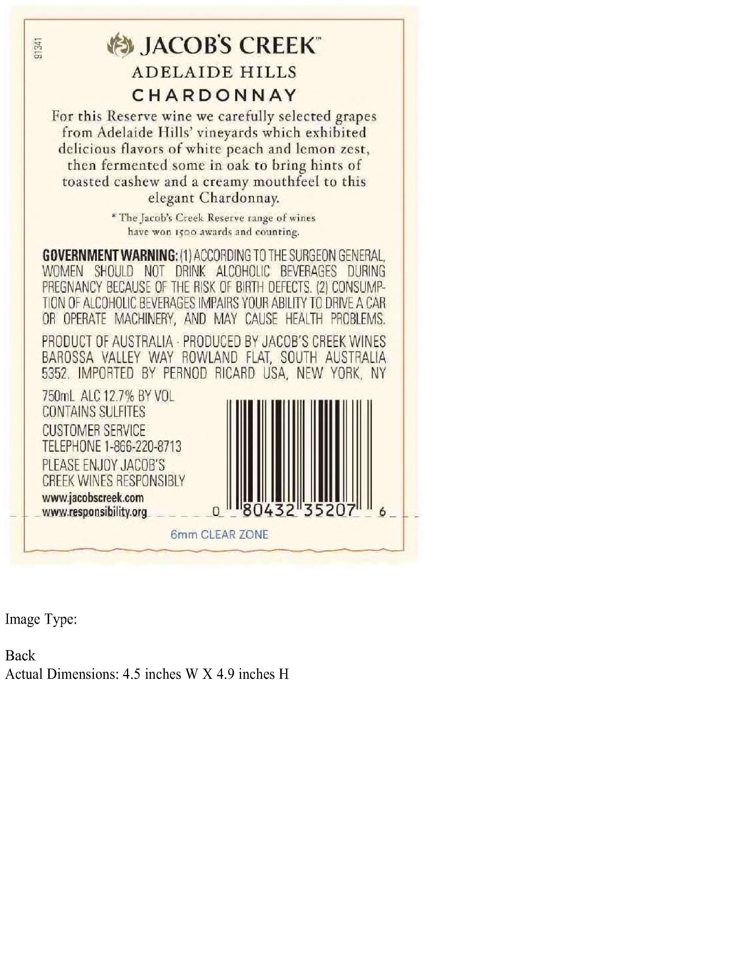 TABC label artwork for Jacob's Creek Reserve Chardonnay Adelaide Hills